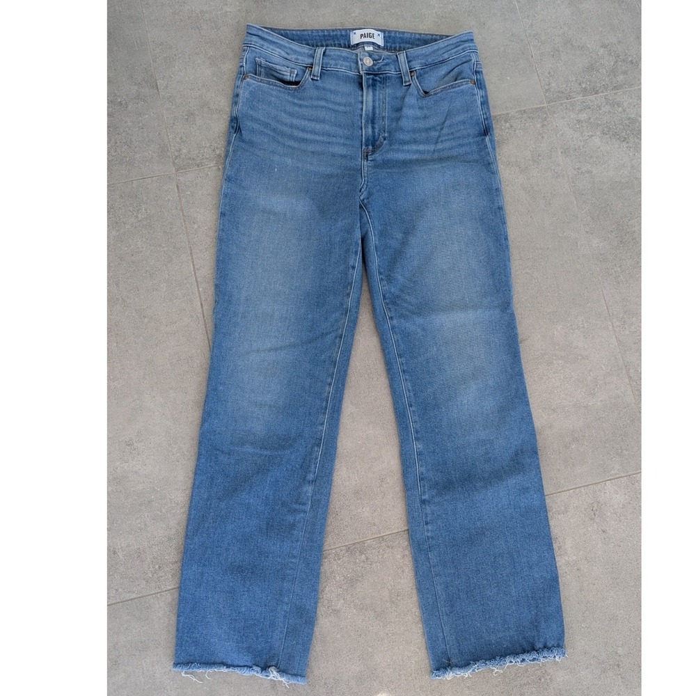 Paige Genevieve High Rise Straight Leg Jeans Medium Wash‎ Raw Hem Womens Size 29
